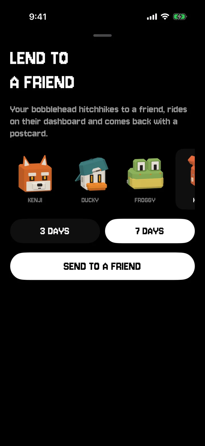 The Lend to a friend sheet with Kenji, Ducky and Froggy and the choice of three or seven days