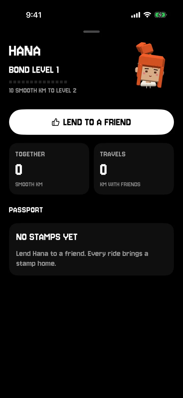 Hana's passport with the Lend to a friend button, bond level and kilometers