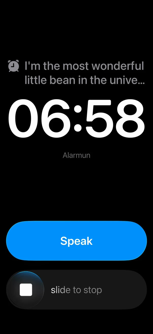 The lock screen at 06:58 with the phrase as the alarm title, a blue Speak button and slide to stop
