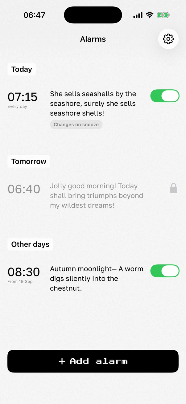 The alarm list grouped into Today, Tomorrow and Other days, with a lock on the third alarm