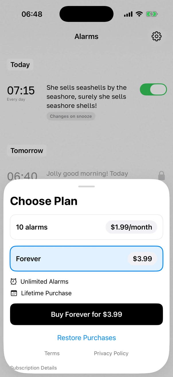 The purchase sheet: ten alarms for $1.99 a month, unlimited forever for $3.99
