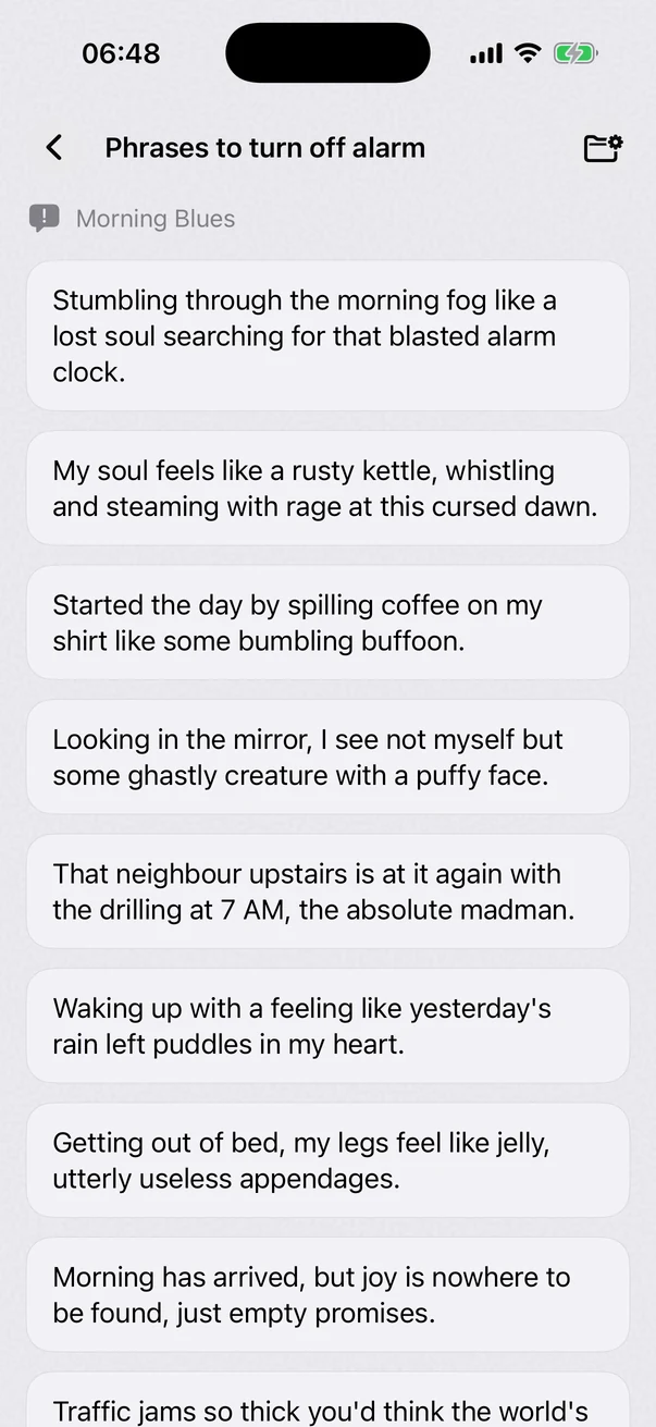 The library of phrases, opened by swiping the row of suggestions aside, showing the Morning Blues collection