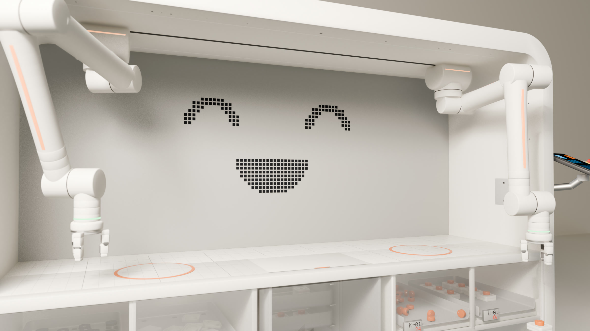 The e-ink back wall in the 3D model, smiling past the left arm