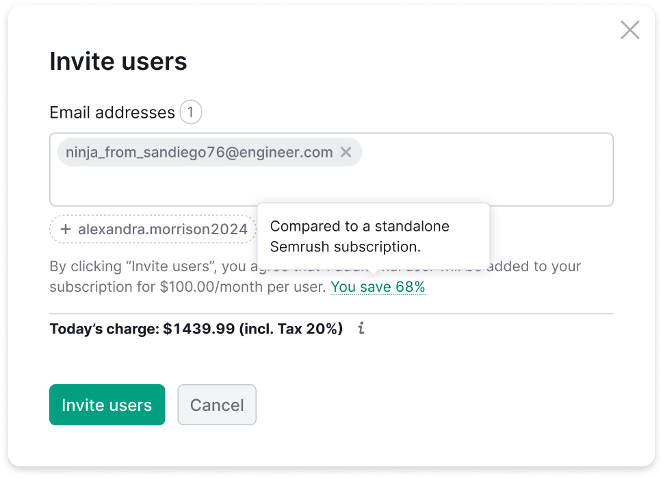 Price block with 68% savings message — team seat is 68% cheaper than individual subscription