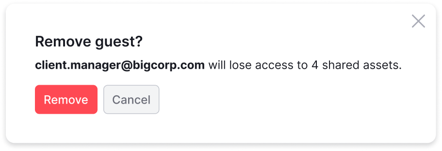 Remove guest confirmation — a modal reading “client.manager@bigcorp.com will lose access to 4 shared assets”, with Remove and Cancel buttons.