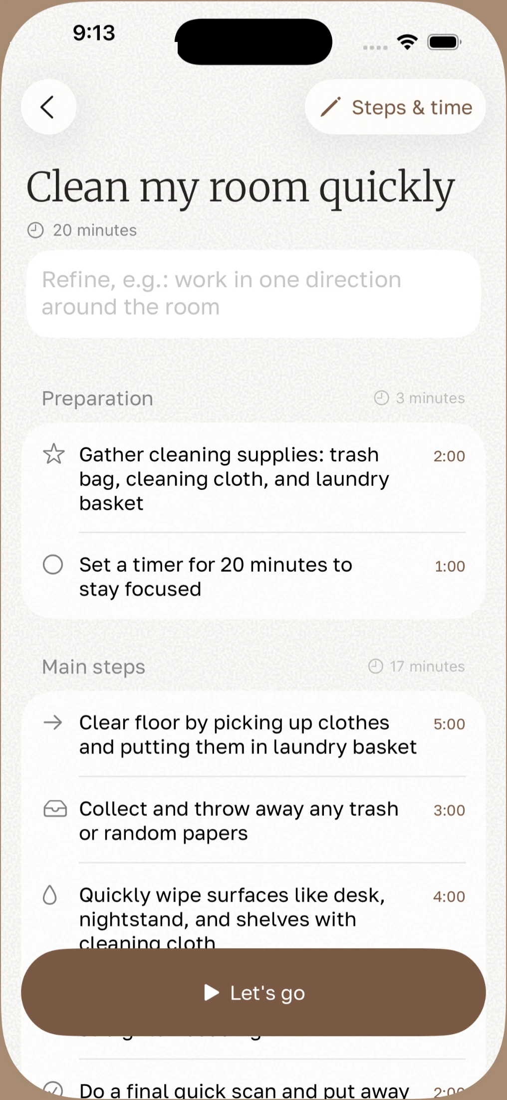 Claude's breakdown of Clean my room quickly: preparation and main steps with time estimates