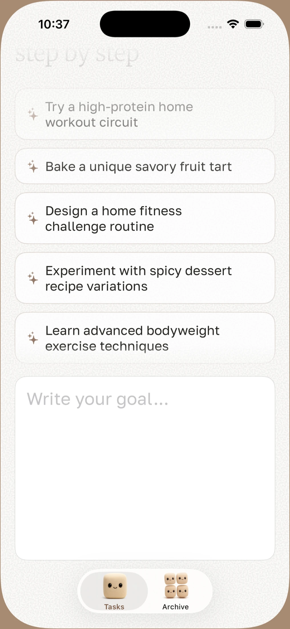 AI recommendations under the goal box: two tasks in the same theme as recent history, one unrelated