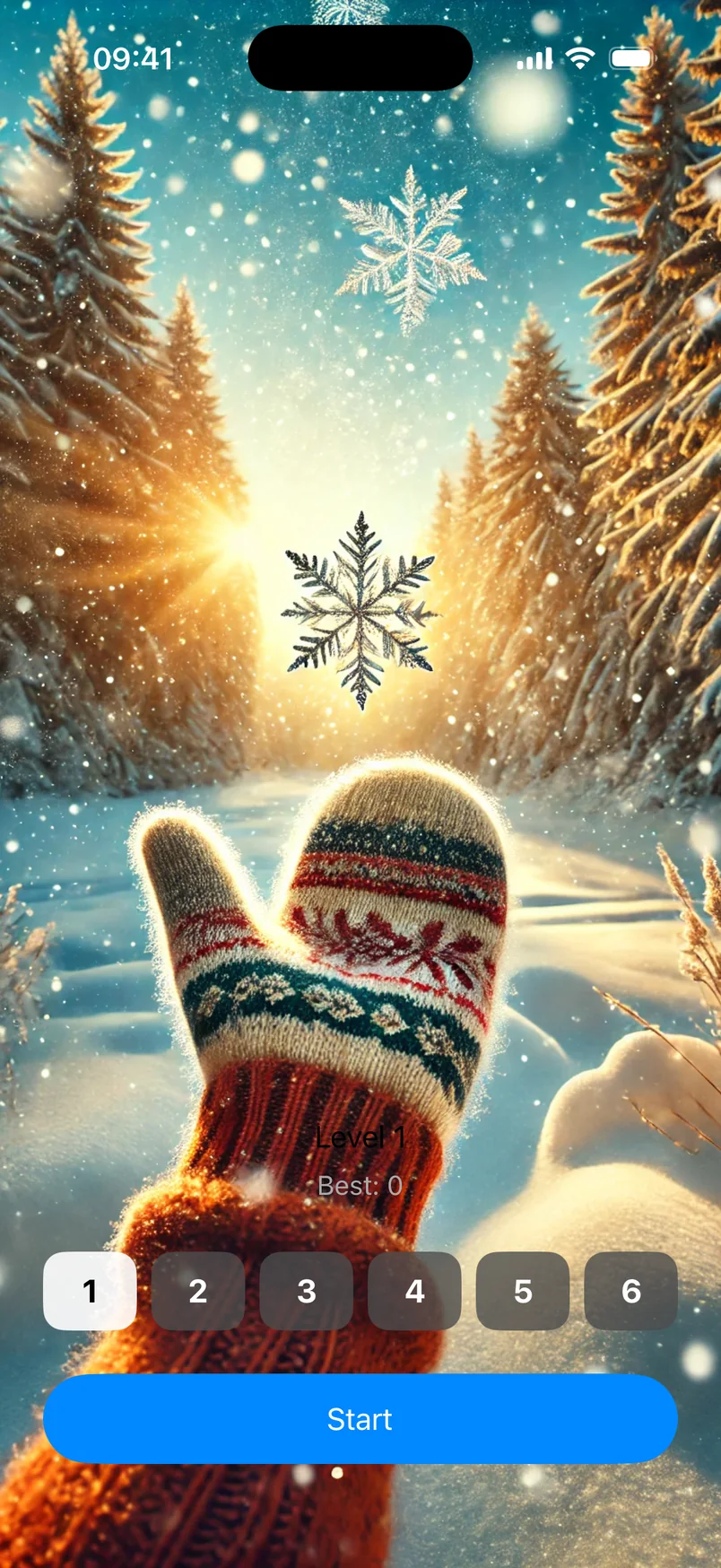 The level screen with all six worlds open and the first one chosen: the snowy clearing, the world’s name, the best score and the Start button.