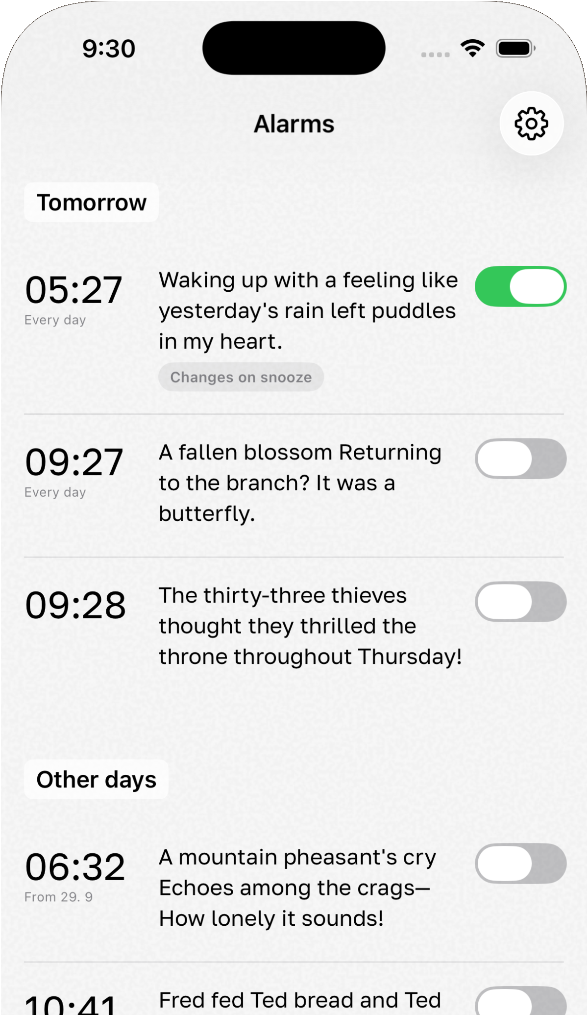 The alarm list grouped by today, tomorrow and other days