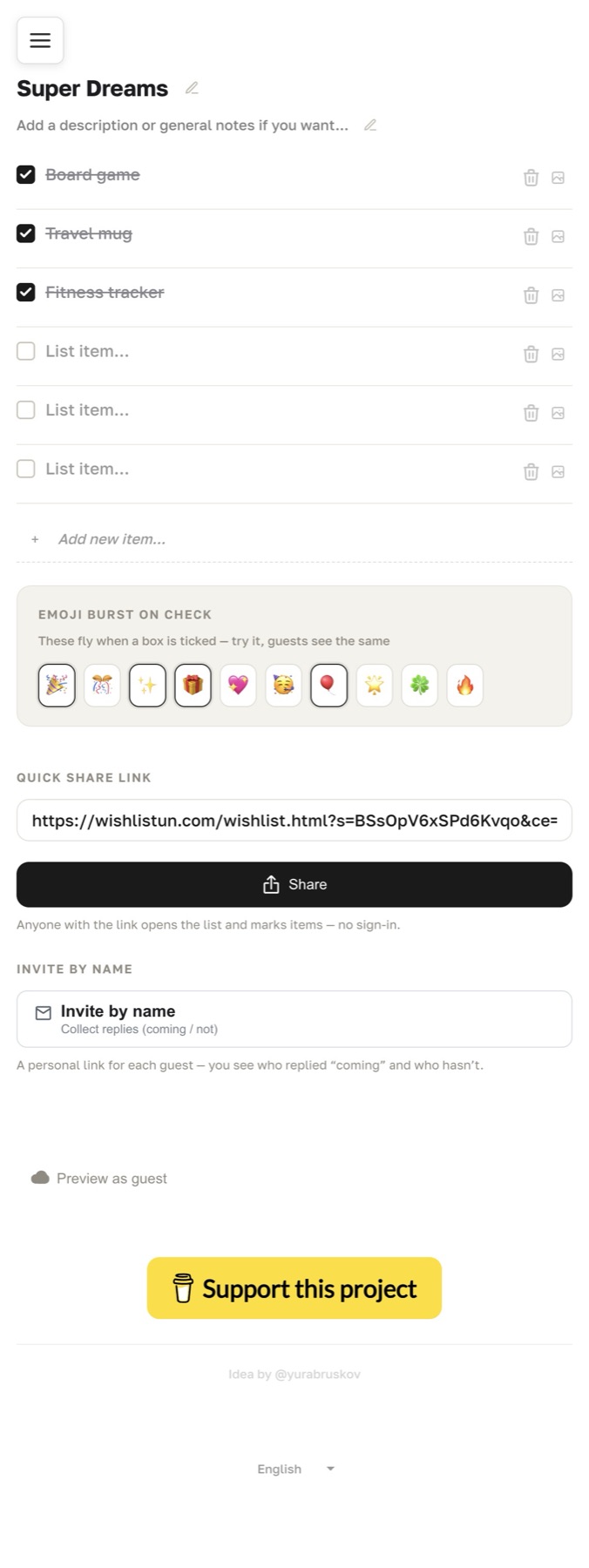 Wishlistun on mobile — the same checklist, emoji burst, share link and invite options in a single scrollable column.