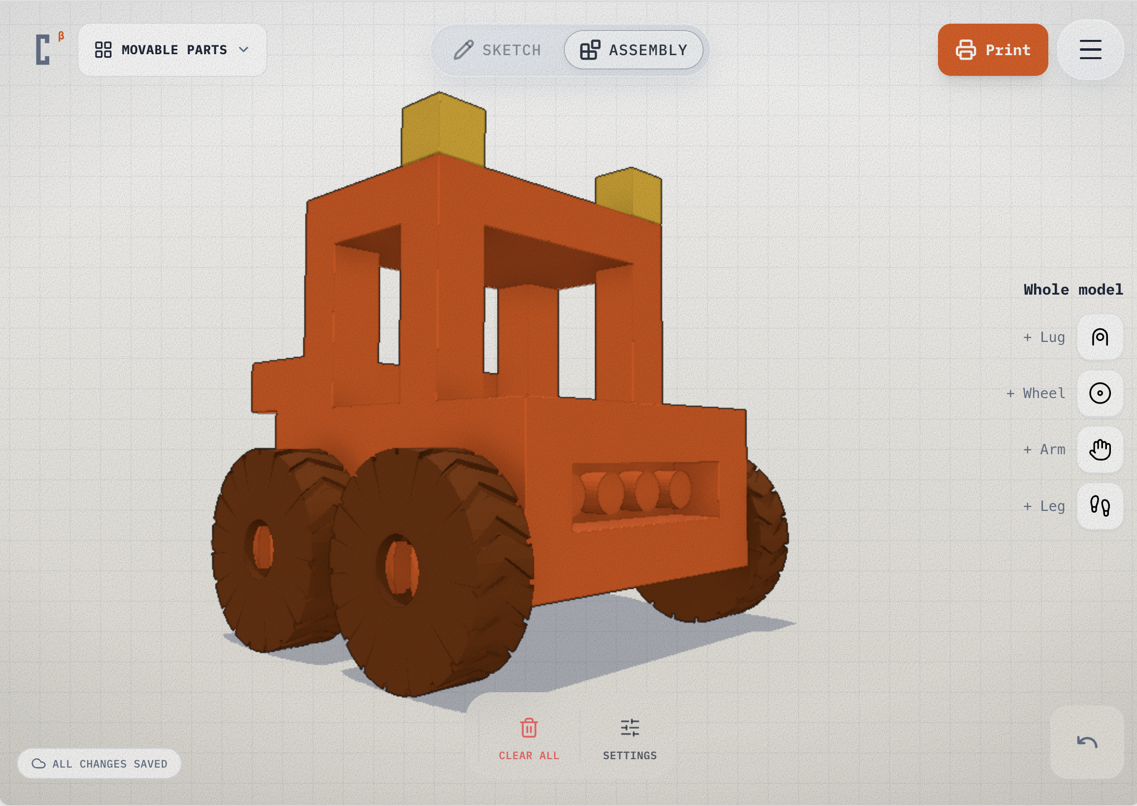 Cubie in Assembly mode at working size — an orange tractor with wheels and yellow lugs on the canvas, the Movable parts picker and the SKETCH/ASSEMBLY switch along the top, Print in the corner, and the Whole model panel offering Lug, Wheel, Arm and Leg