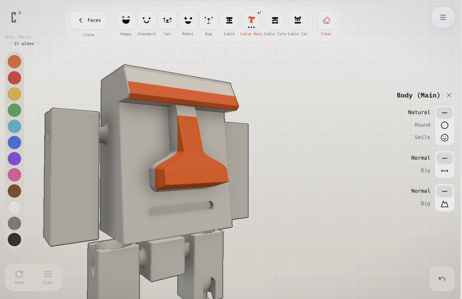Cubie desktop — Faces menu open on a robot body, showing Happy, Standard, Cat, Robot, Dog, two Cubie house styles and a Moai preset, plus mouth and nose variations for the selected face