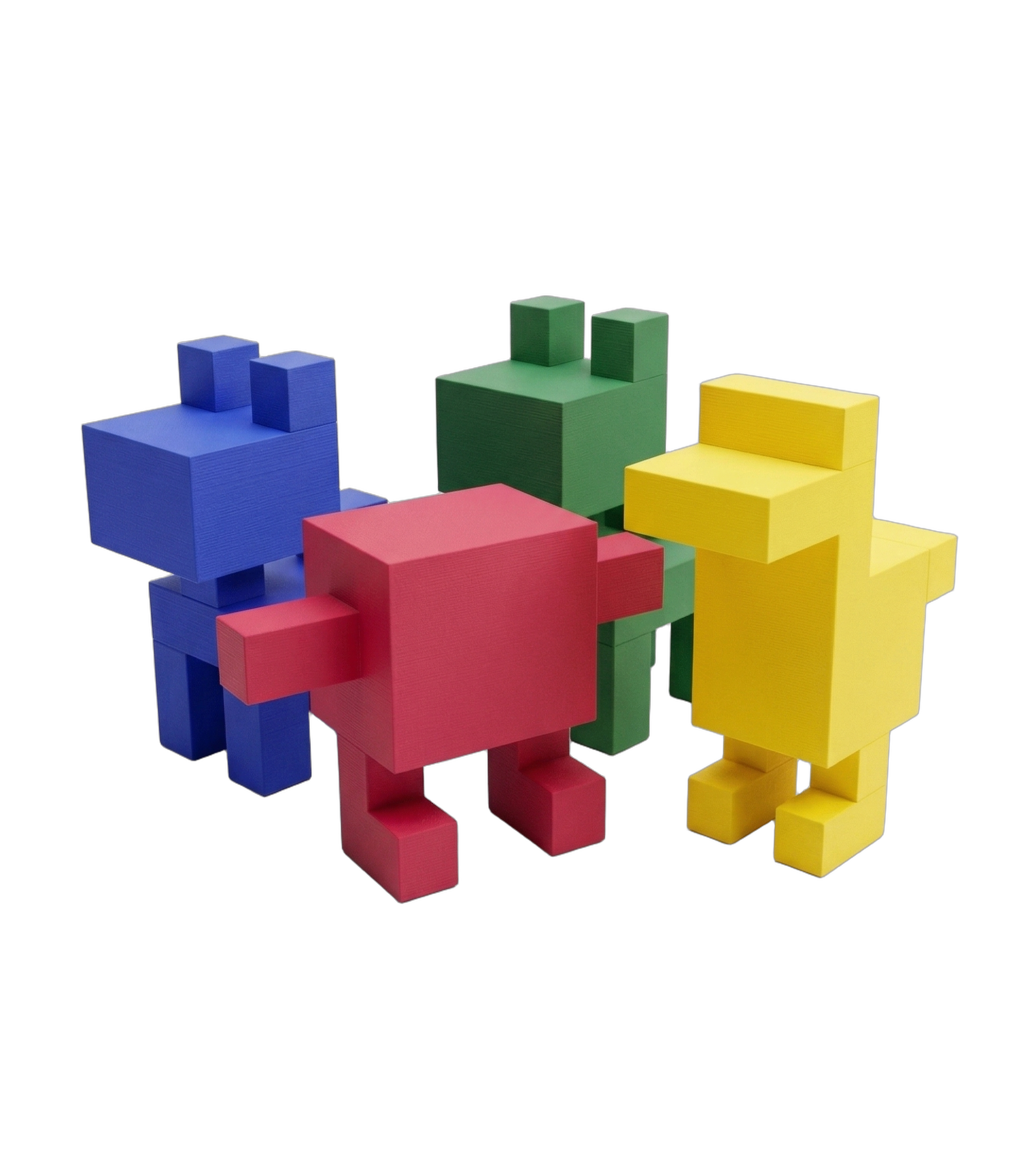 Four block characters from the starter templates in blue, red, green and yellow