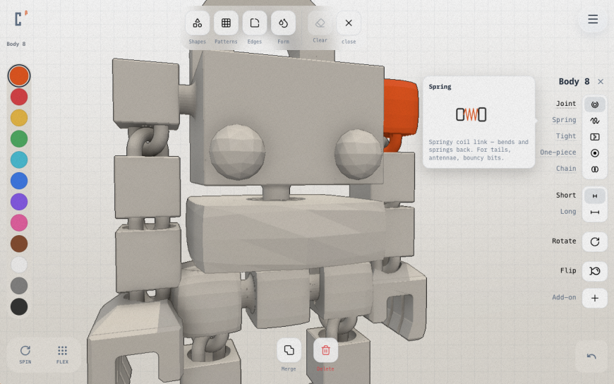 Cubie desktop editor interface — contextual side panels for joints, colors, and shape tools appear only when needed, keeping the 3D canvas uncluttered.