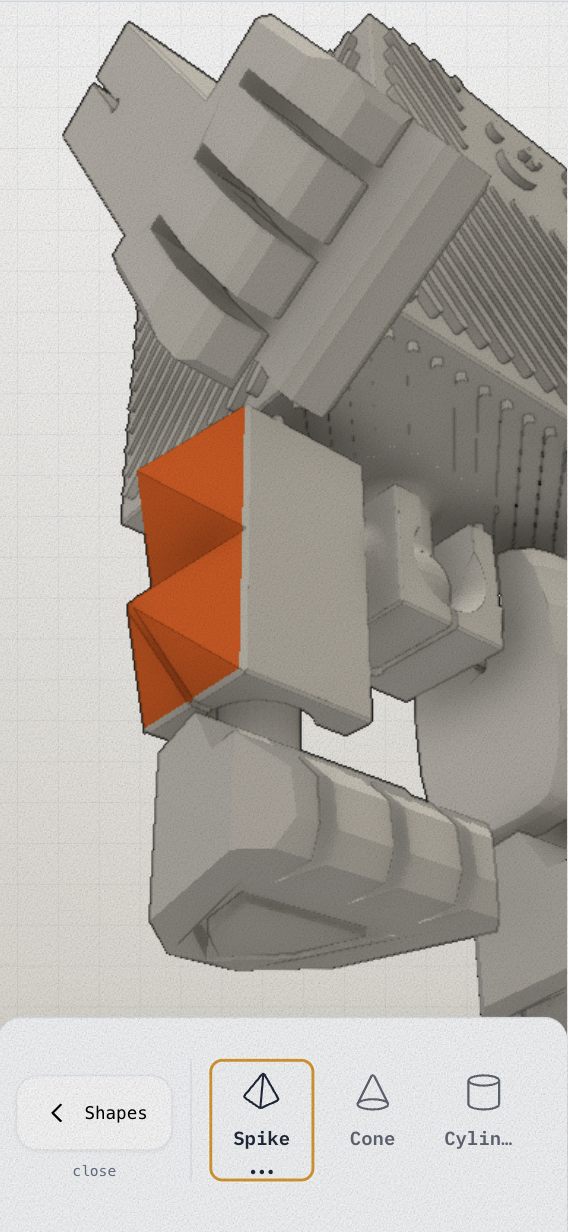 Cubie mobile — contextual bottom sheet for a selected body part, offering Paint, Add-ons, Textures, and Split Part.