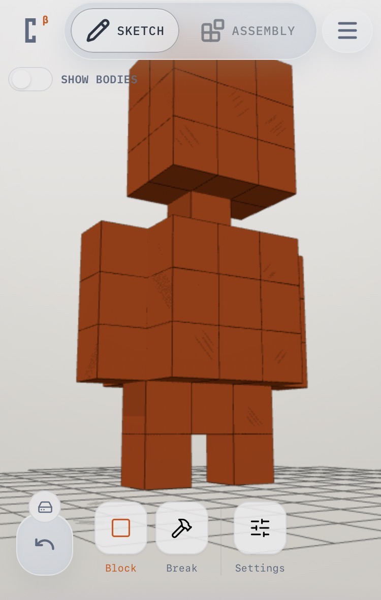 Cubie on a phone in Sketch mode — the SKETCH/ASSEMBLY switch at the top, an orange character on the grid, and Block, Break and Settings along the bottom