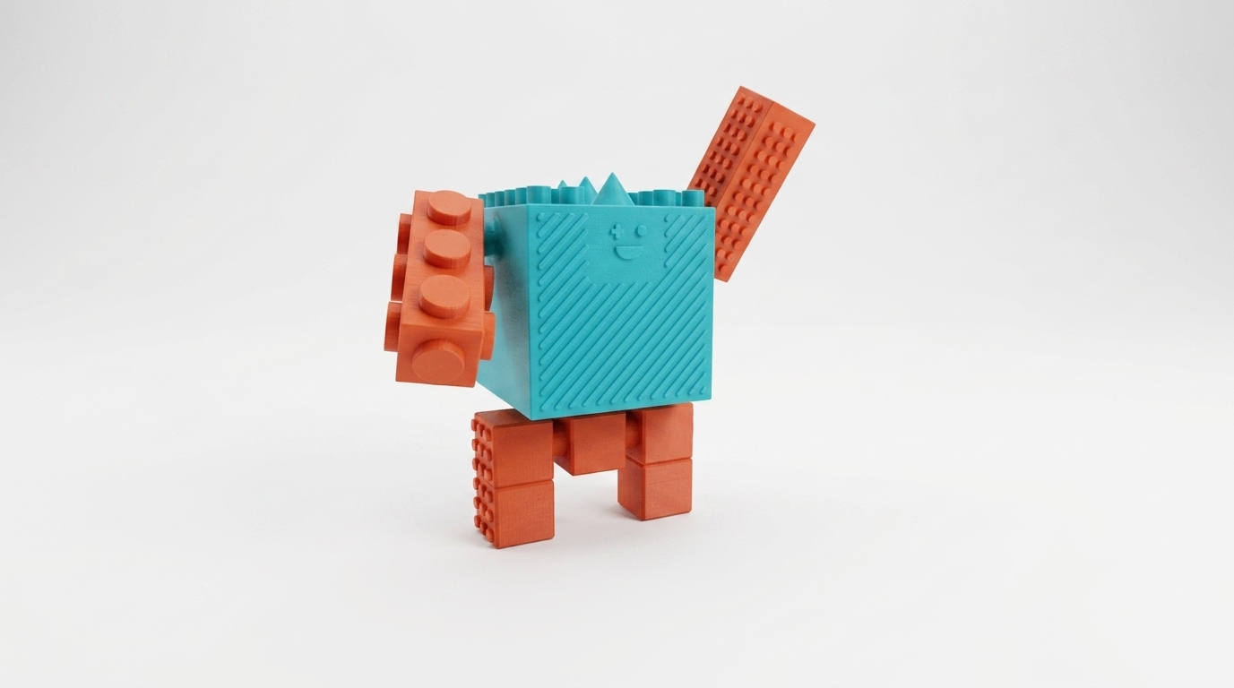 Teal and orange Cubie creature — printed articulated toy with moveable parts.