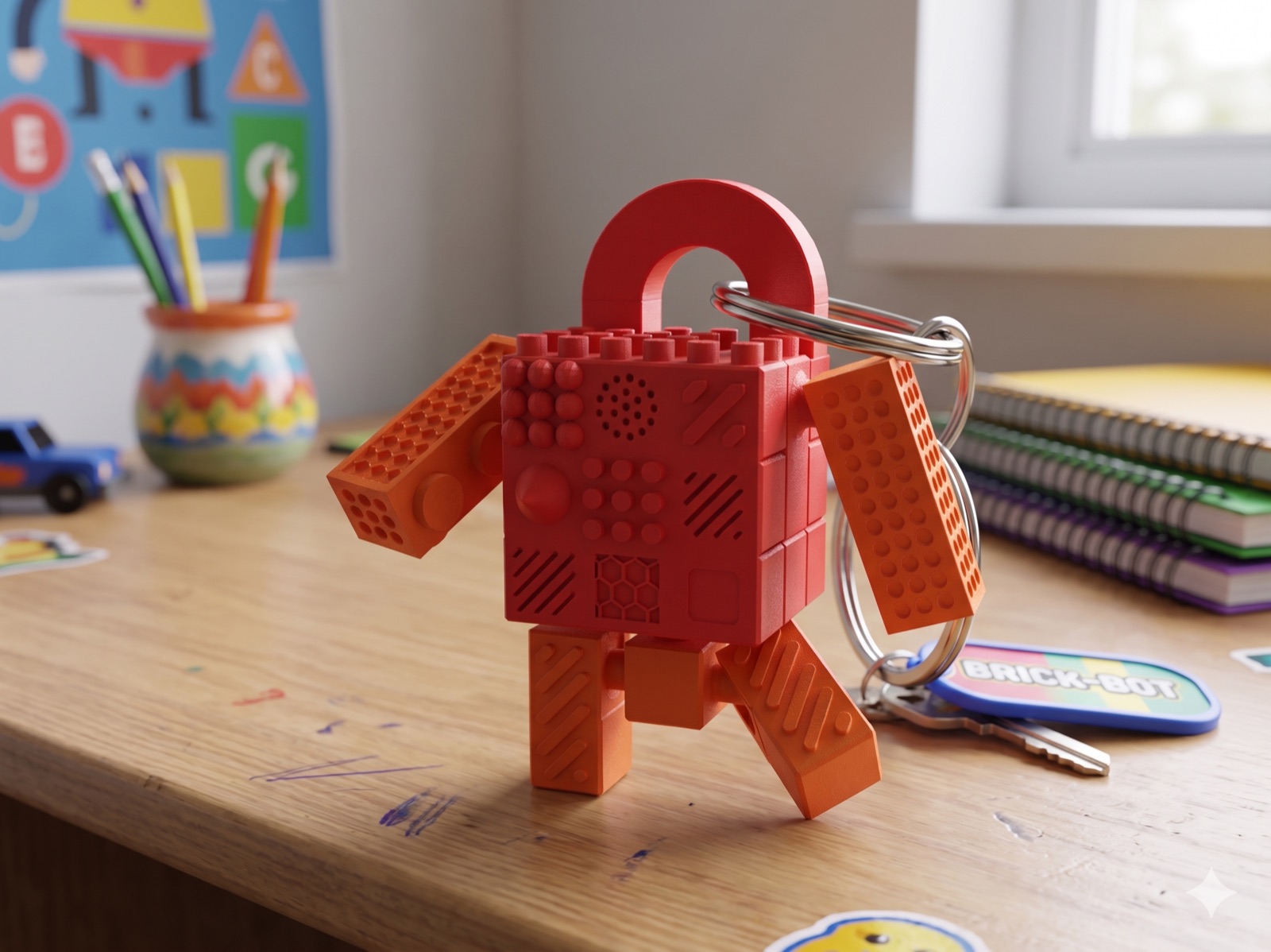 Red Cubie brick-bot on a kid's desk