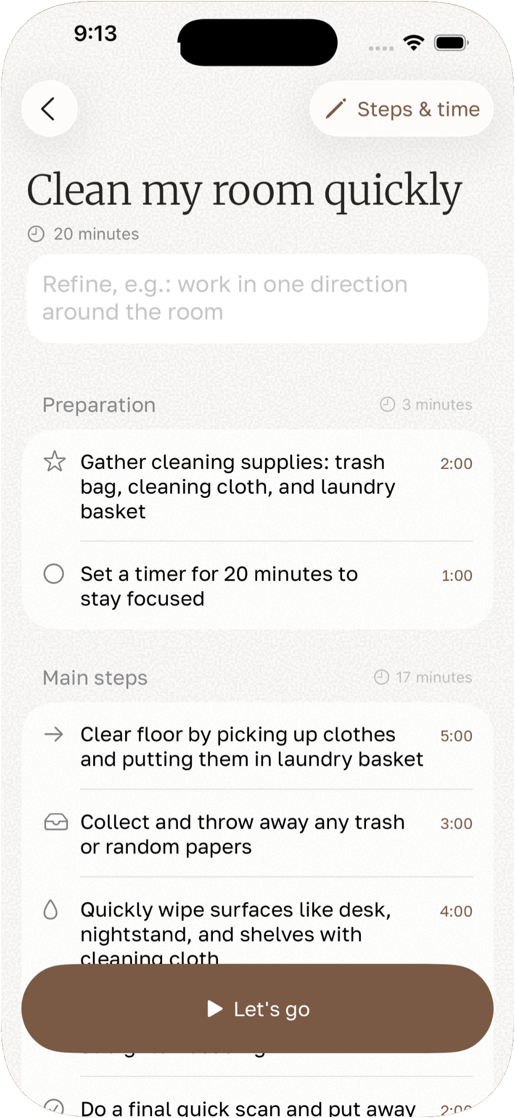 Helpun AI task breakdown screen