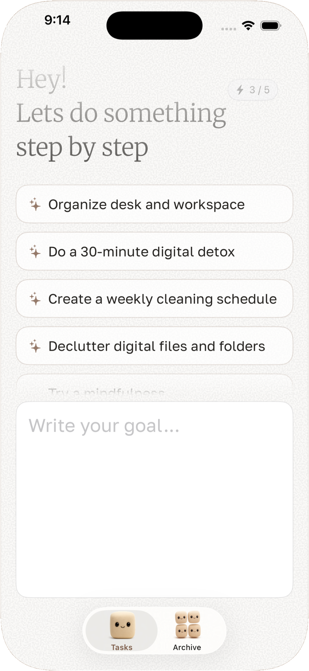 Typing a goal — starting points or enter any custom task