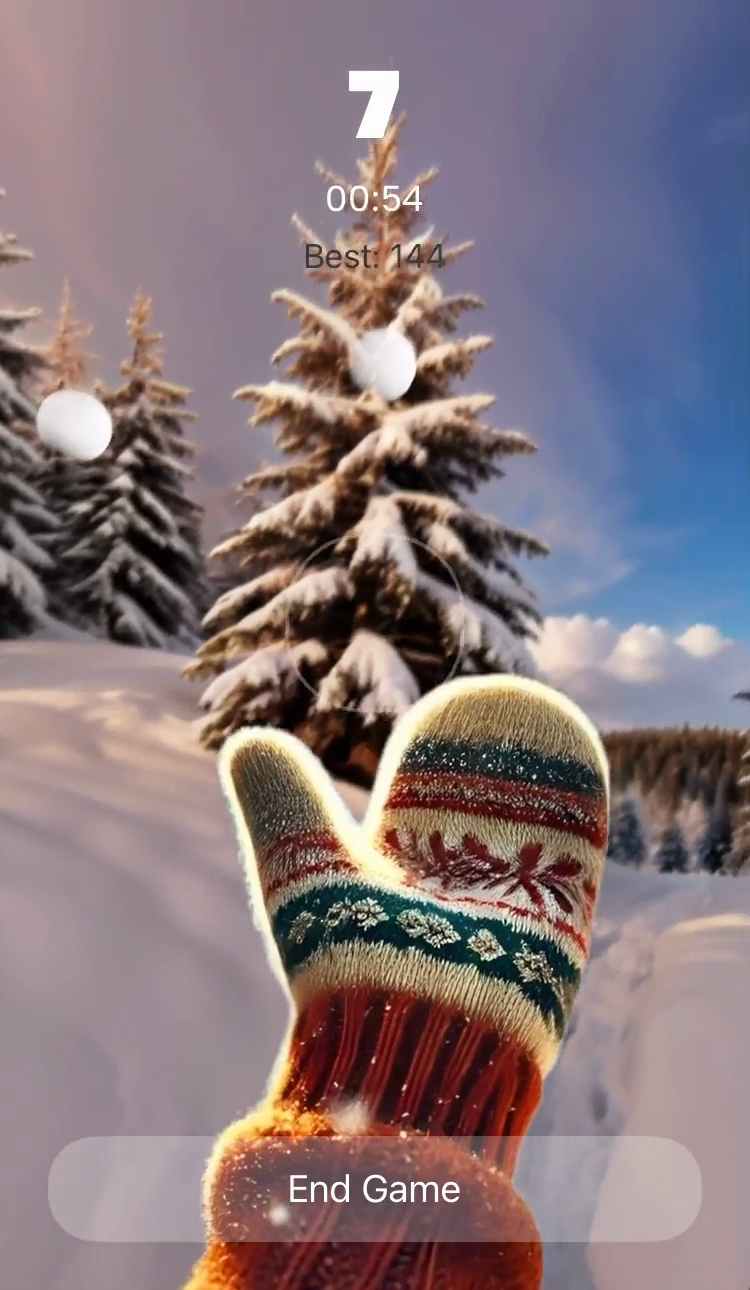 A round in play — swinging the mitten to catch drifting snowflakes against the winter forest