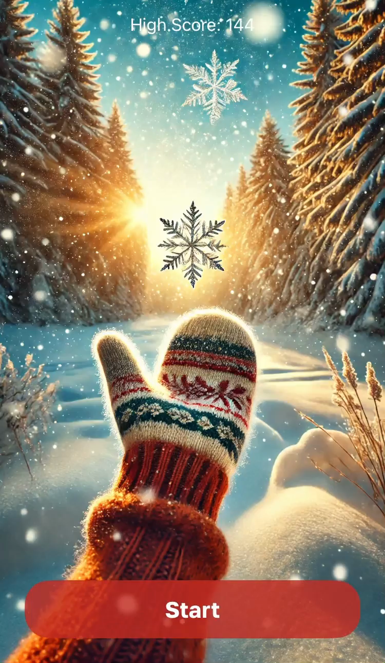 The start screen — high score 144, crystal snowflake in sunbeams and the Start button