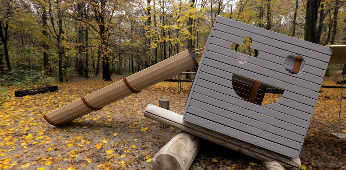 The hut tilted on its logs, log slide running down from it, autumn wood behind