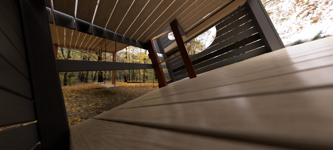 The upper deck with railing, looking out into the trees