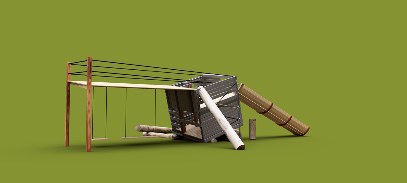 The whole structure on a plain background — hut, log slide, swing frame and a balance log
