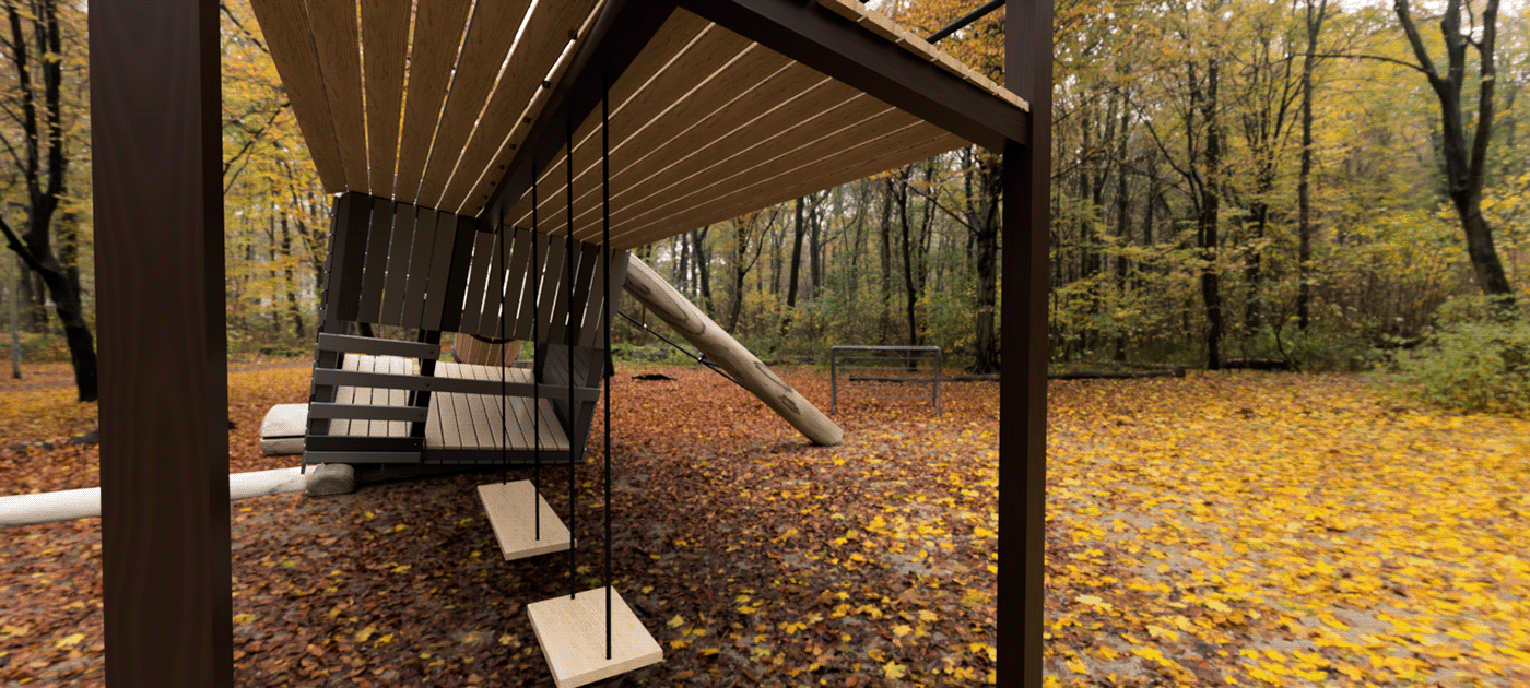 View out from under the canopy with the swings hanging and the slide beyond