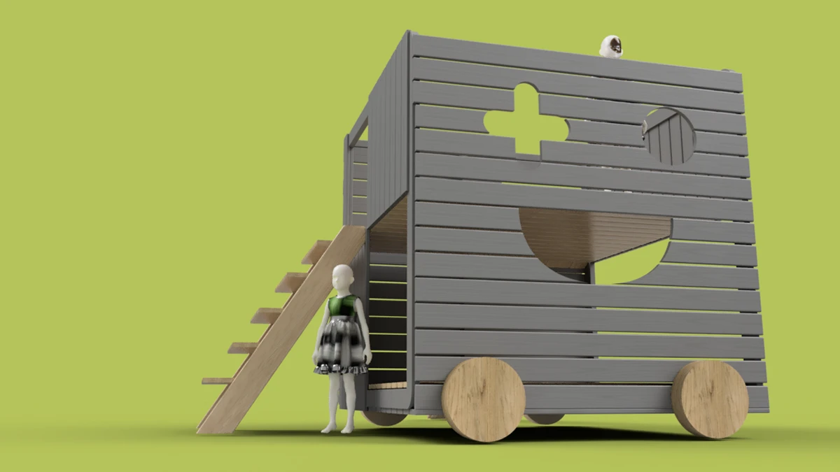Side elevation of the hut with a child figure for scale