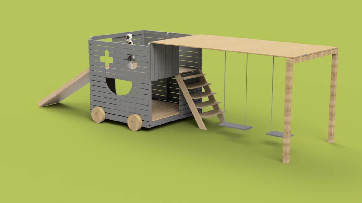 Full assembly with the hut, canopy and swings attached