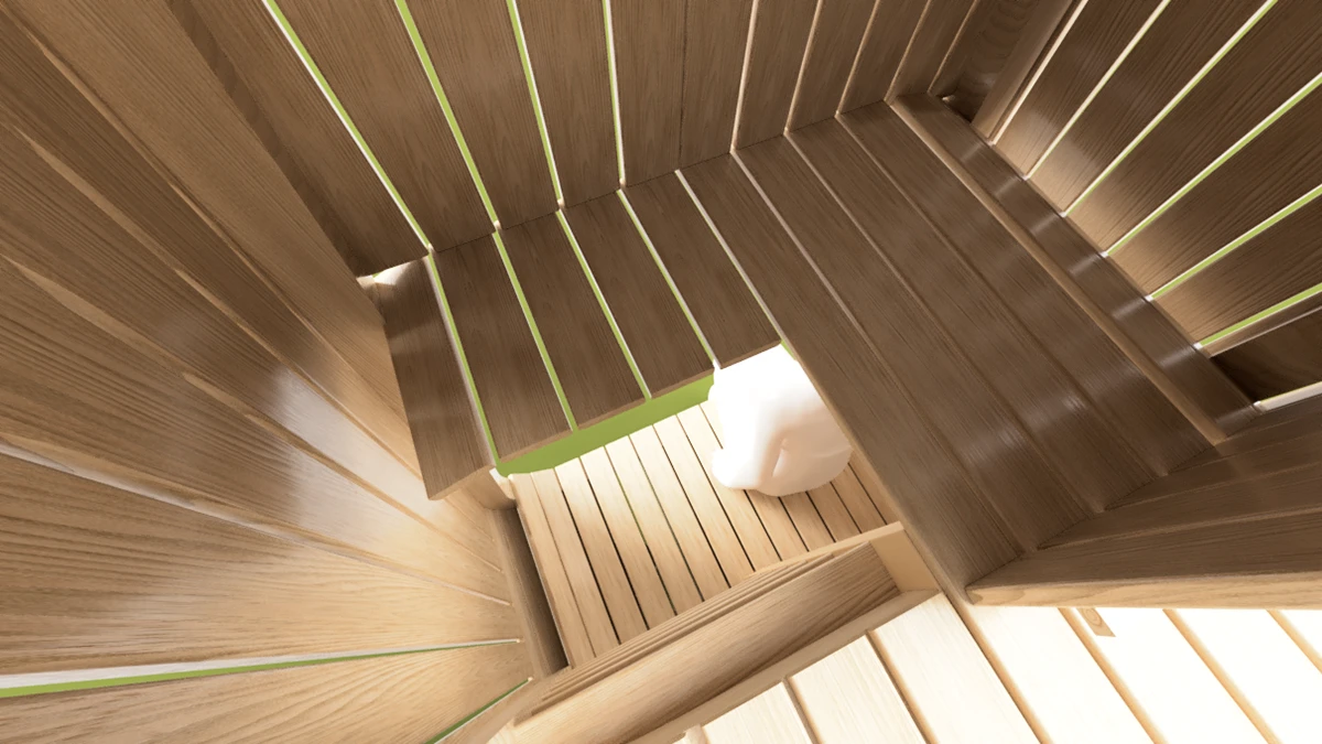 Interior of the hut looking up at the slatted walls and ceiling