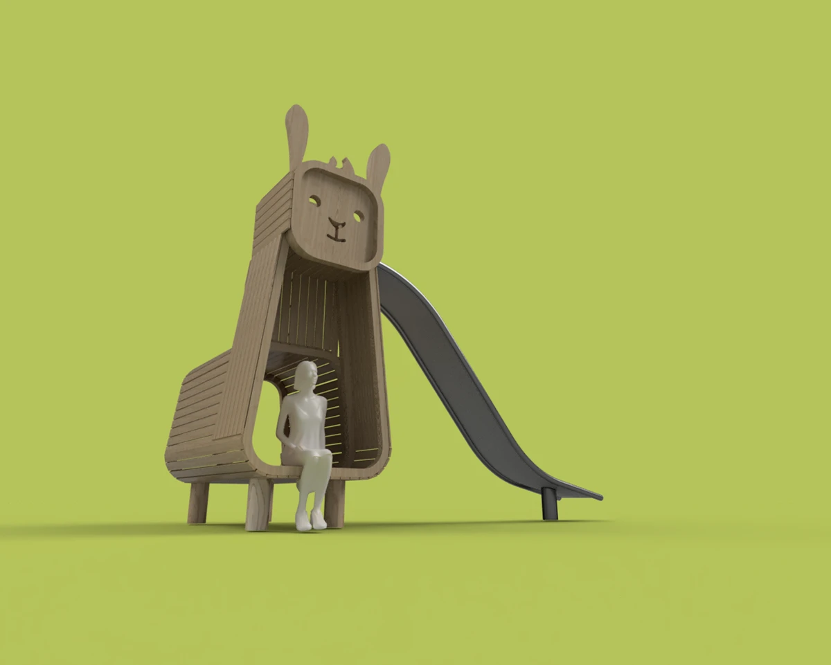 LAMUN — an animal-shaped wooden play structure with a bench under the head and a slide out the back