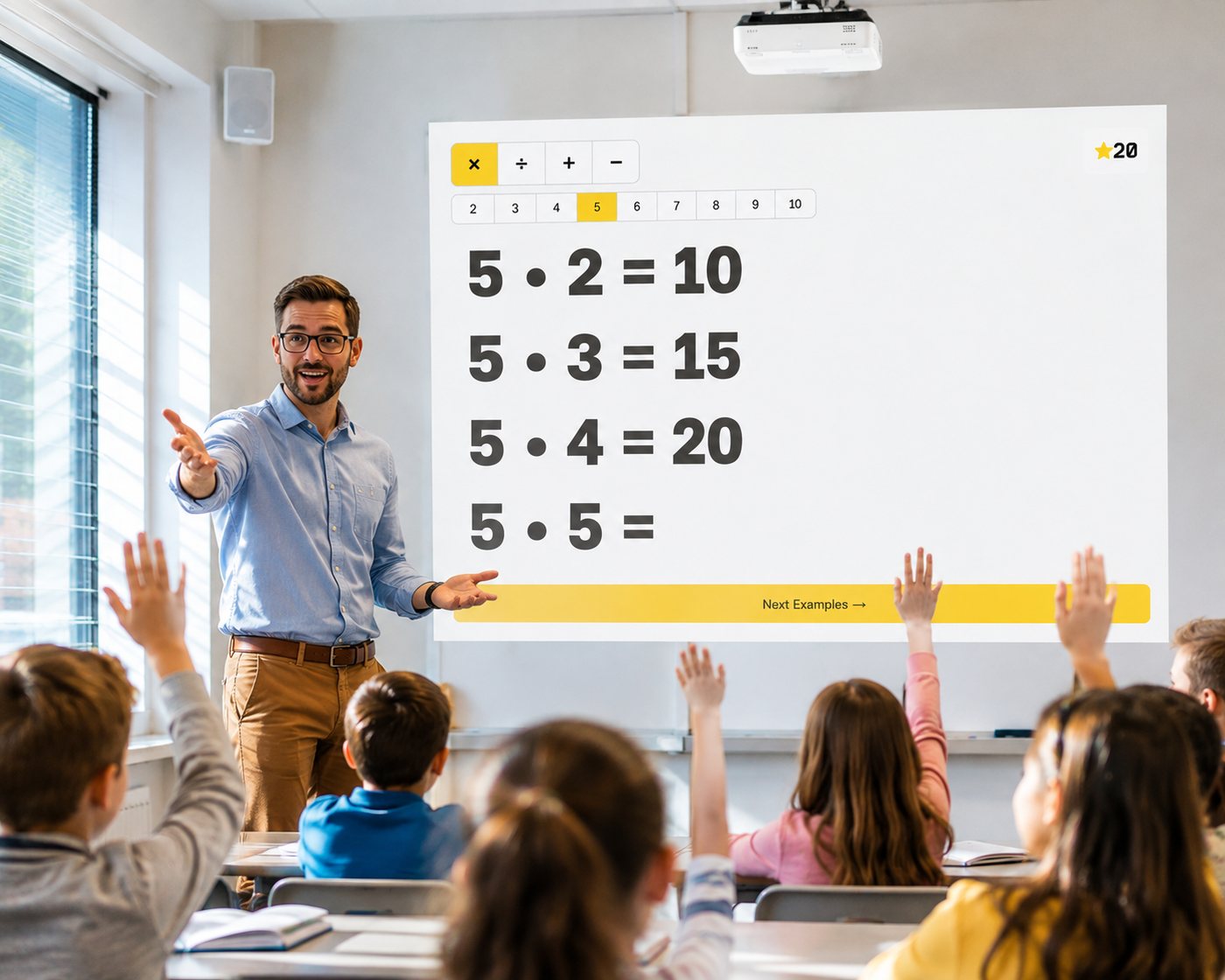A classroom with Mathfun projected on the whiteboard — the multiplication table for five worked through line by line, hands up across the room.