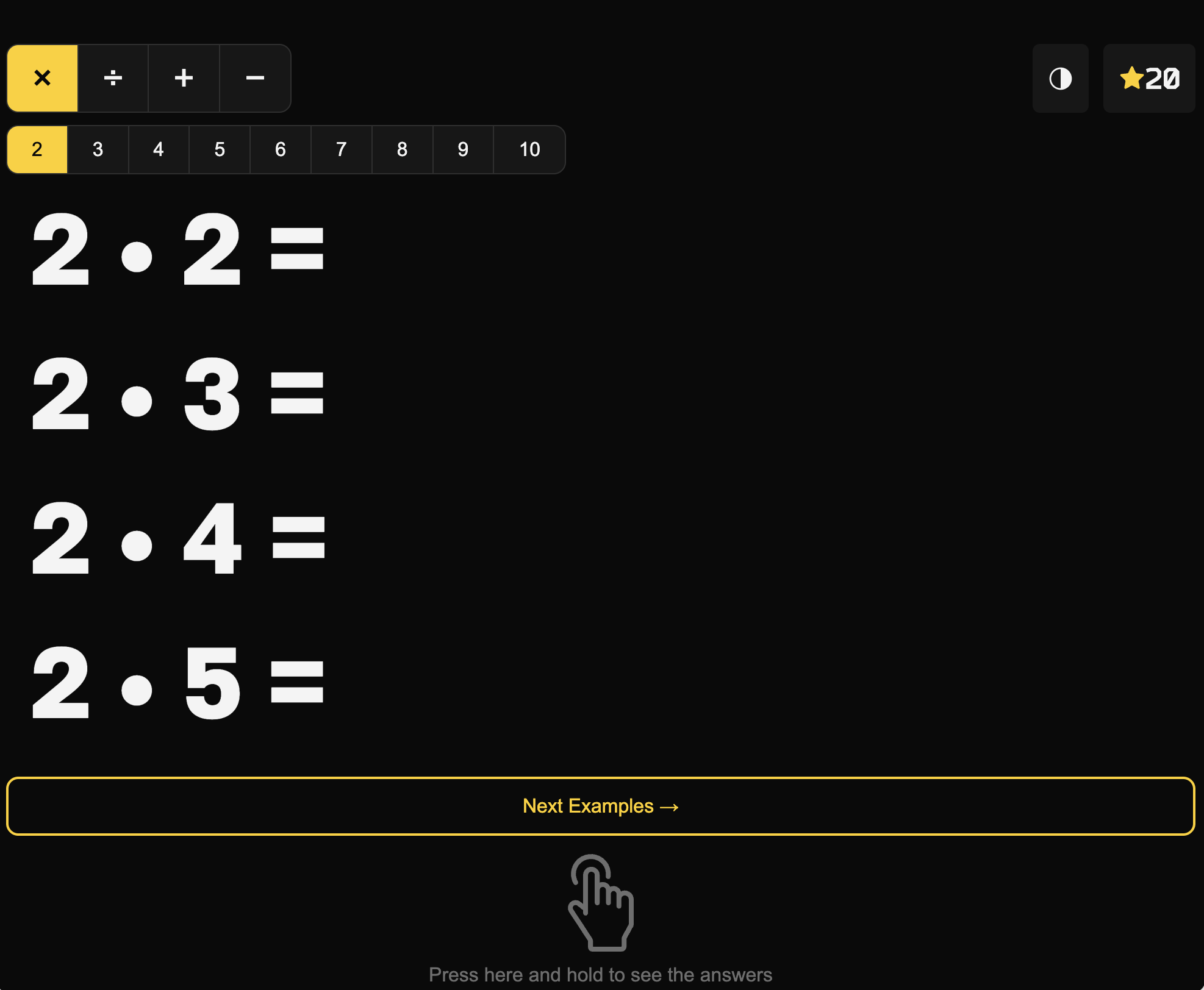 Mathfun inverted on a wide screen — near-black background, the operations and the row of multipliers as dark pills with 2 picked out in yellow, four white examples for the twos, and the Next Examples button reduced to a yellow outline
