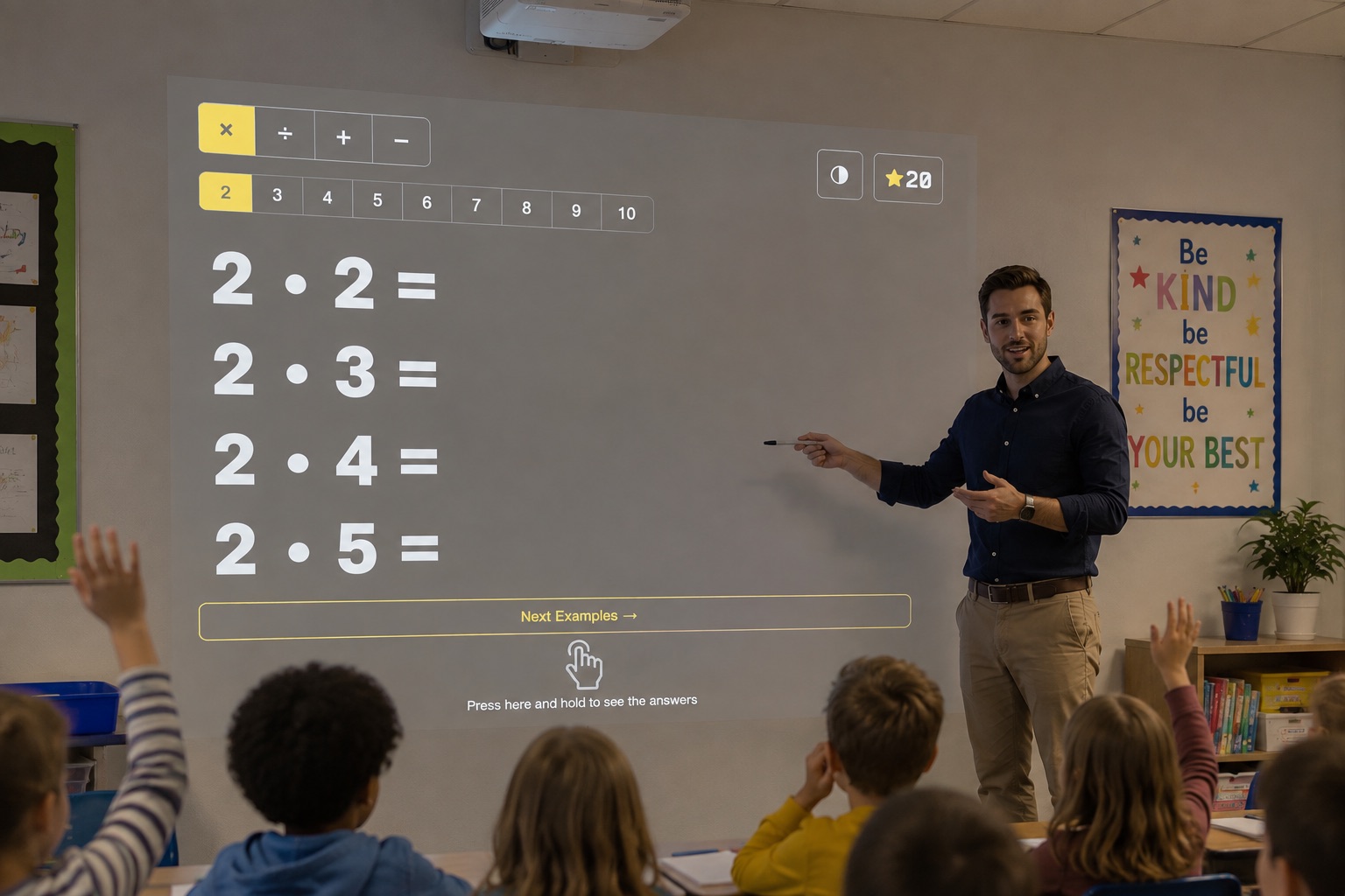 The same inverted screen projected in a classroom — white digits on the wall, the teacher pointing at them, hands going up in the front row, and the rest of the room left unlit