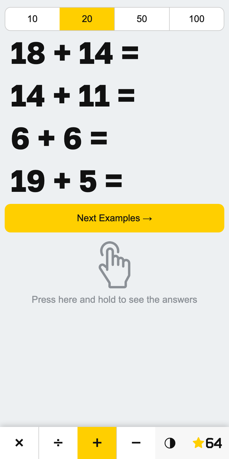 Mathfun set to addition — the top row now offers ranges 10, 20, 50 and 100 with 20 selected, and the examples read 18 + 14 =, 14 + 11 =, 6 + 6 =, 19 + 5 =