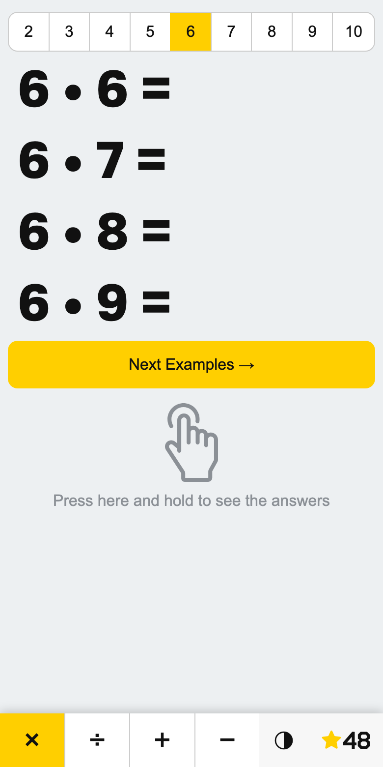 Mathfun on a phone — the row of multipliers 2 to 10 across the top with 6 selected, and four examples below it: 6 • 6 =, 6 • 7 =, 6 • 8 =, 6 • 9 =