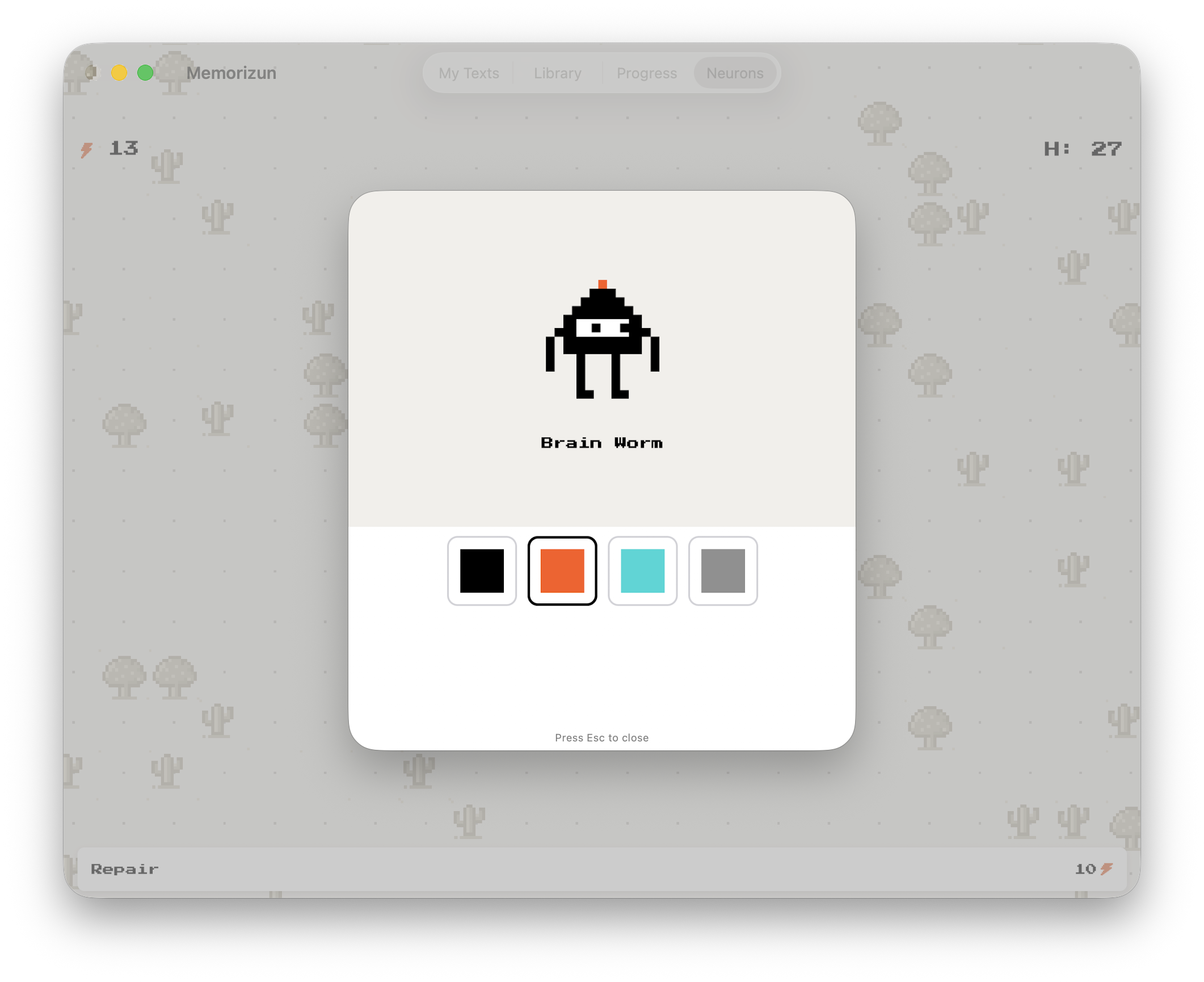 Brain Worm — pixel art character with four color options.