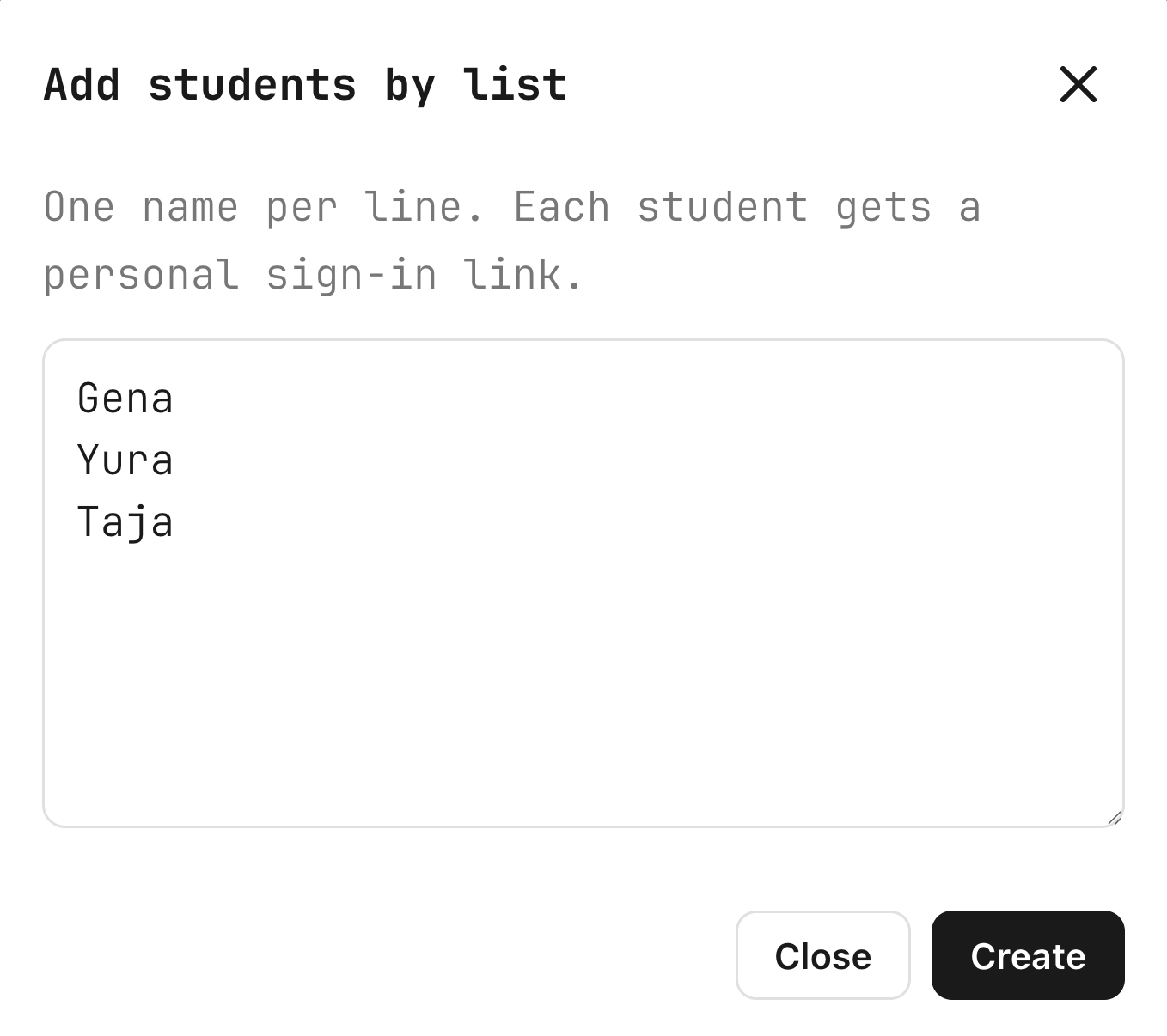 Add students by list — a teacher types Gena, Yura and Taja, one name per line, with a note that each student gets a personal sign-in link