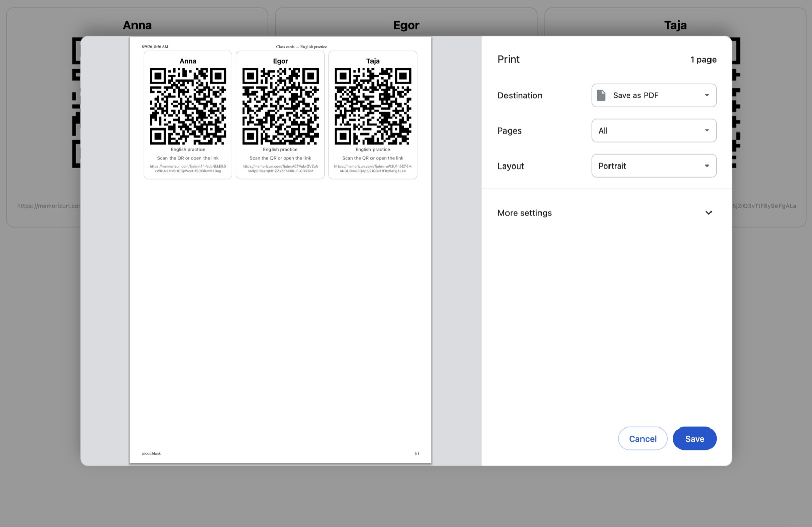 A printable page of QR cards, one per student, each scannable to join as that student
