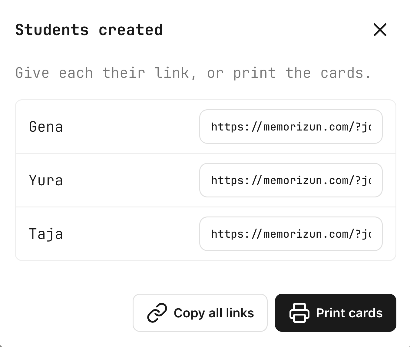 Students created — a personal join link beside each of the three names, with Copy all links and Print cards below