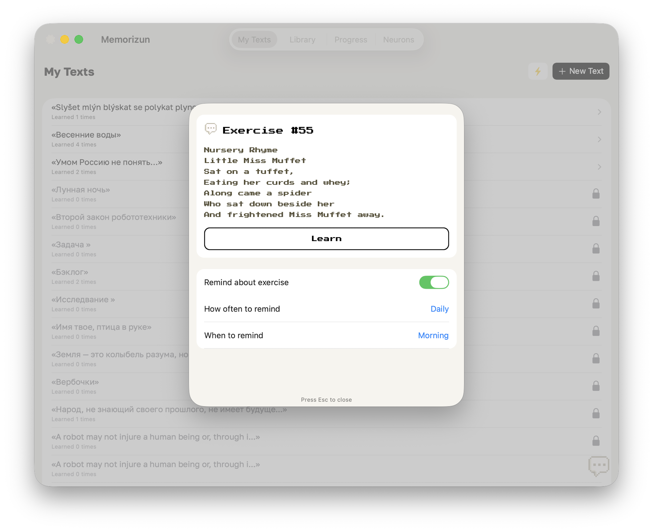 Exercise session — the text, a one-tap Learn button, and daily reminder settings all in one screen.