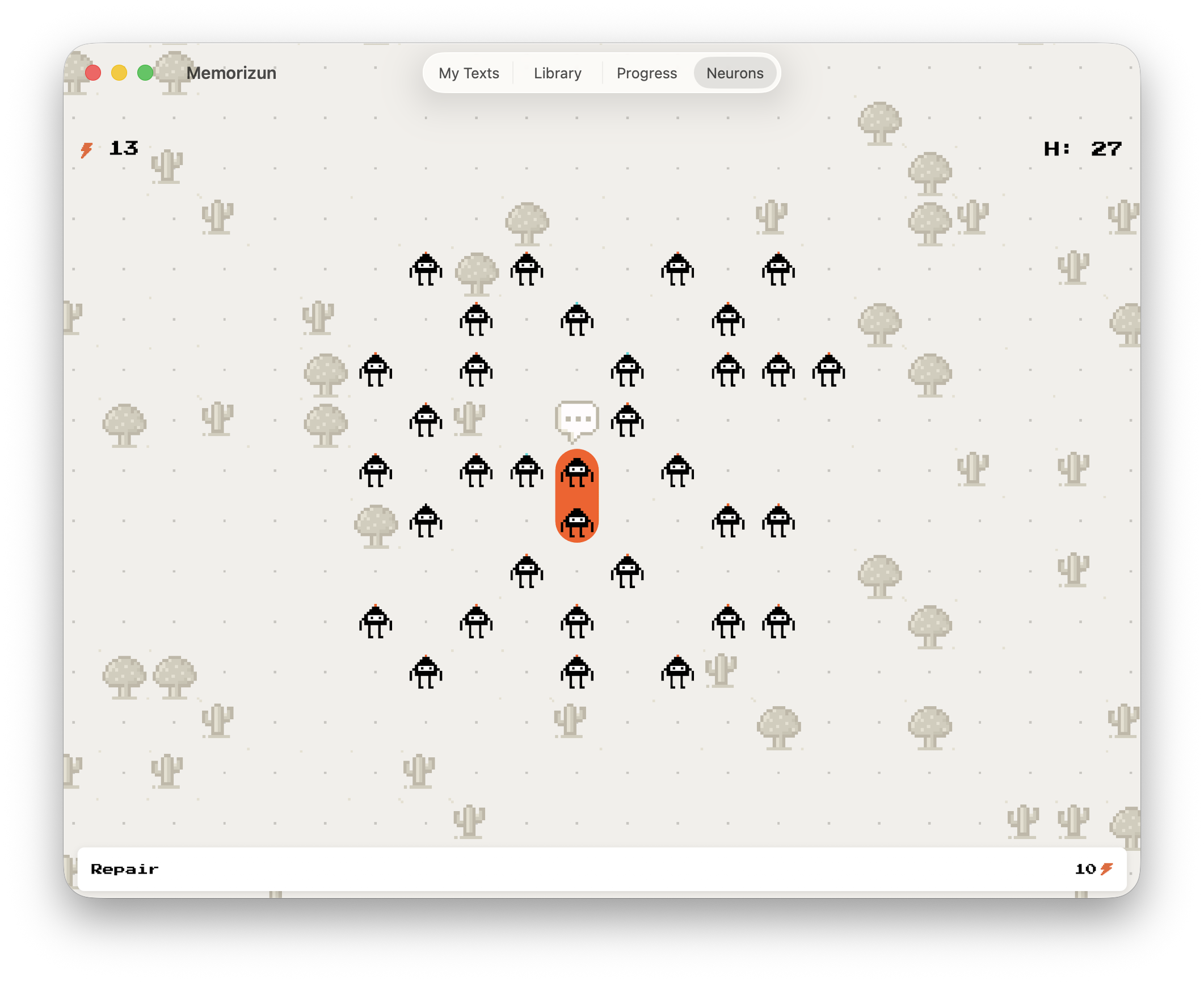 Neurons Mode — pixel art game where recalling text correctly defeats the incoming neuron creatures.