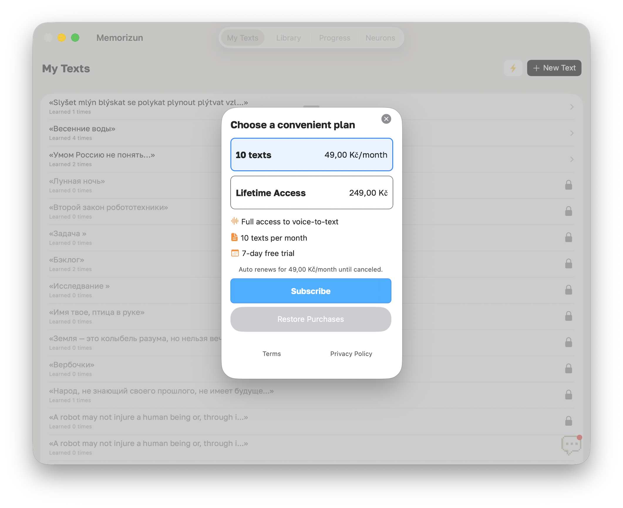 Plan options — 10 texts for 49 Kč/month or Lifetime Access for 249 Kč, with a 7-day free trial.