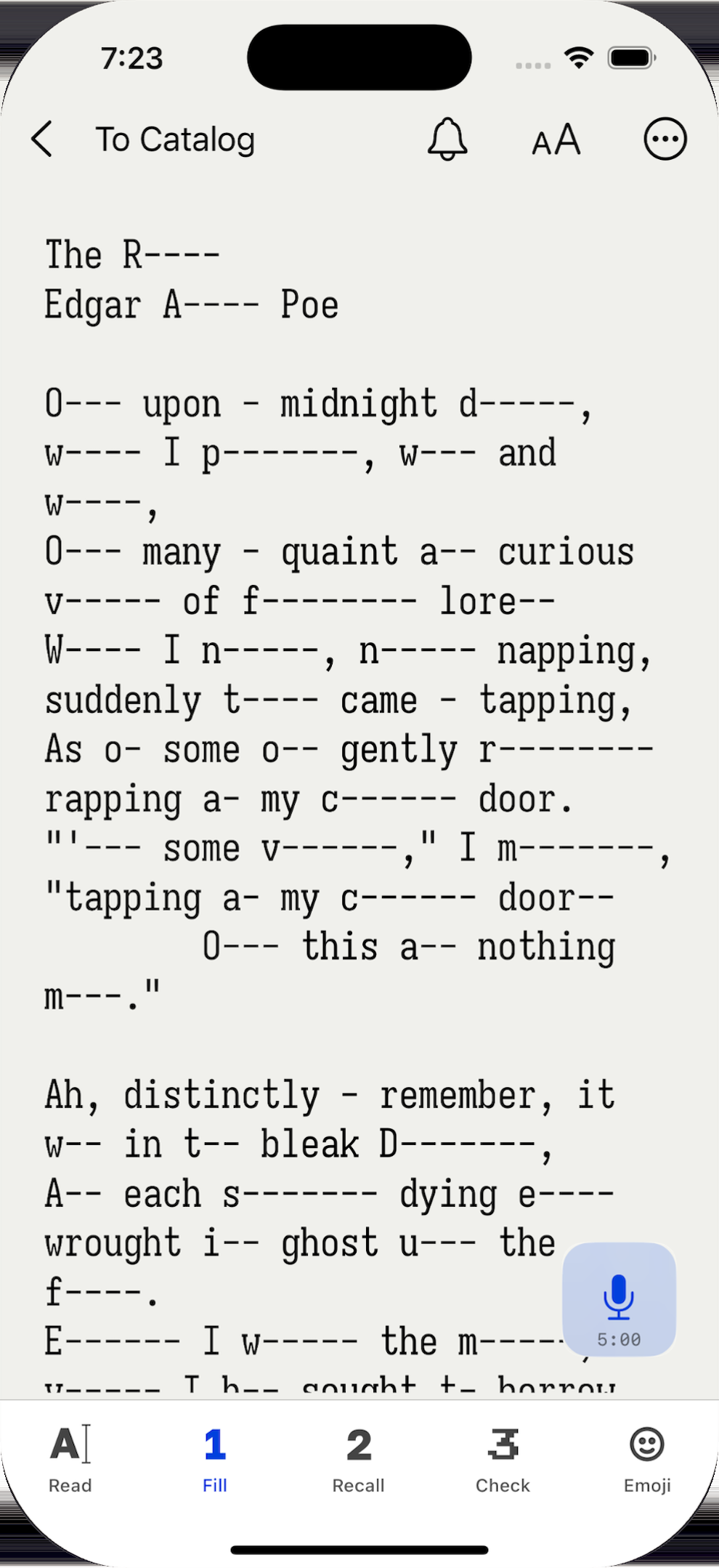 The Raven open in recall mode — words replaced by dashes