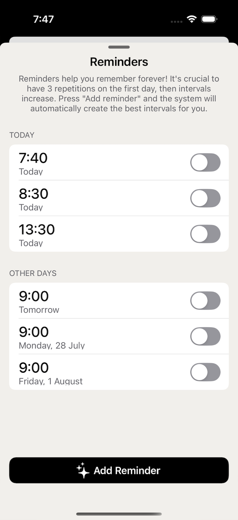 Spaced repetition reminders schedule in Memorizun