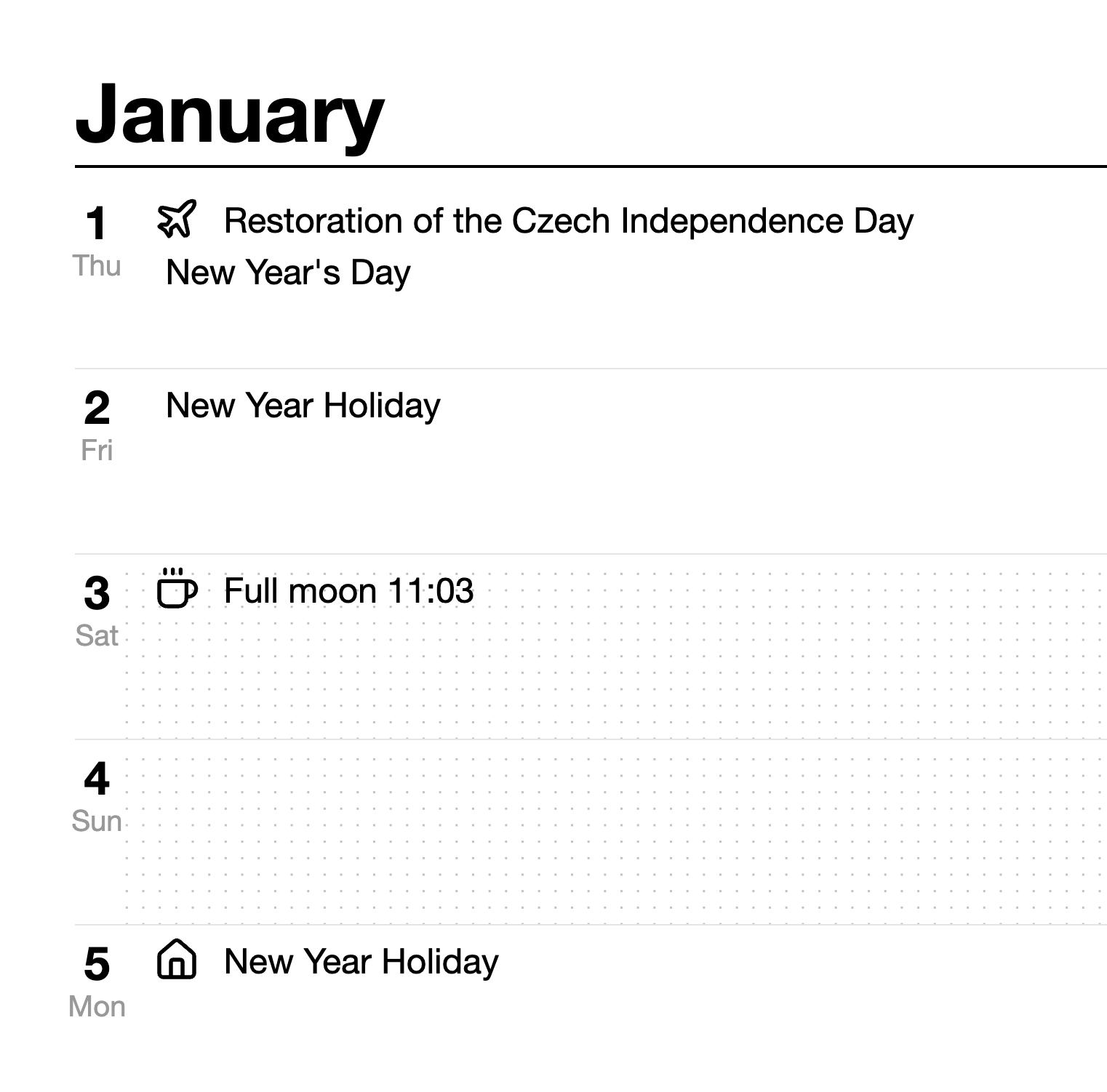 A close-up of one January column — day numbers with their weekday underneath, holiday names, a full moon time, small icons beside some entries, and faint dotted rules for handwriting.