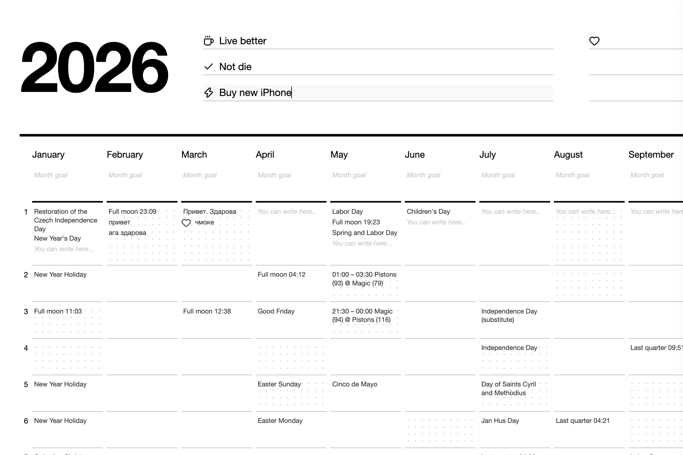 Planner A2 interactive sheet editor showing 2026 calendar and goals
